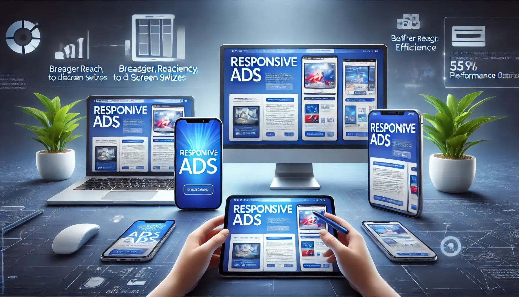 Illustration of responsive ads adjusting across multiple devices like smartphones, tablets, and desktops.