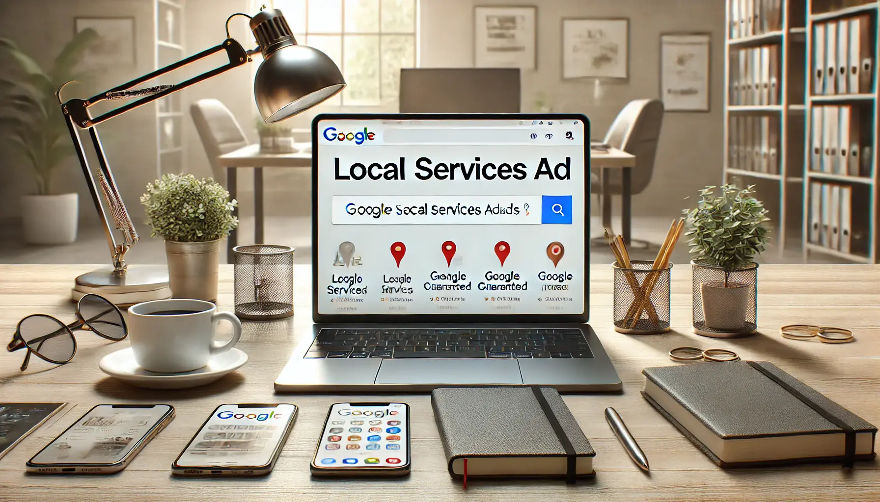 A modern office with a laptop displaying a Local Services Ad at the top of a Google search page, featuring a Google Guaranteed badge and contact button, surrounded by a smartphone, notebook, and coffee cup.