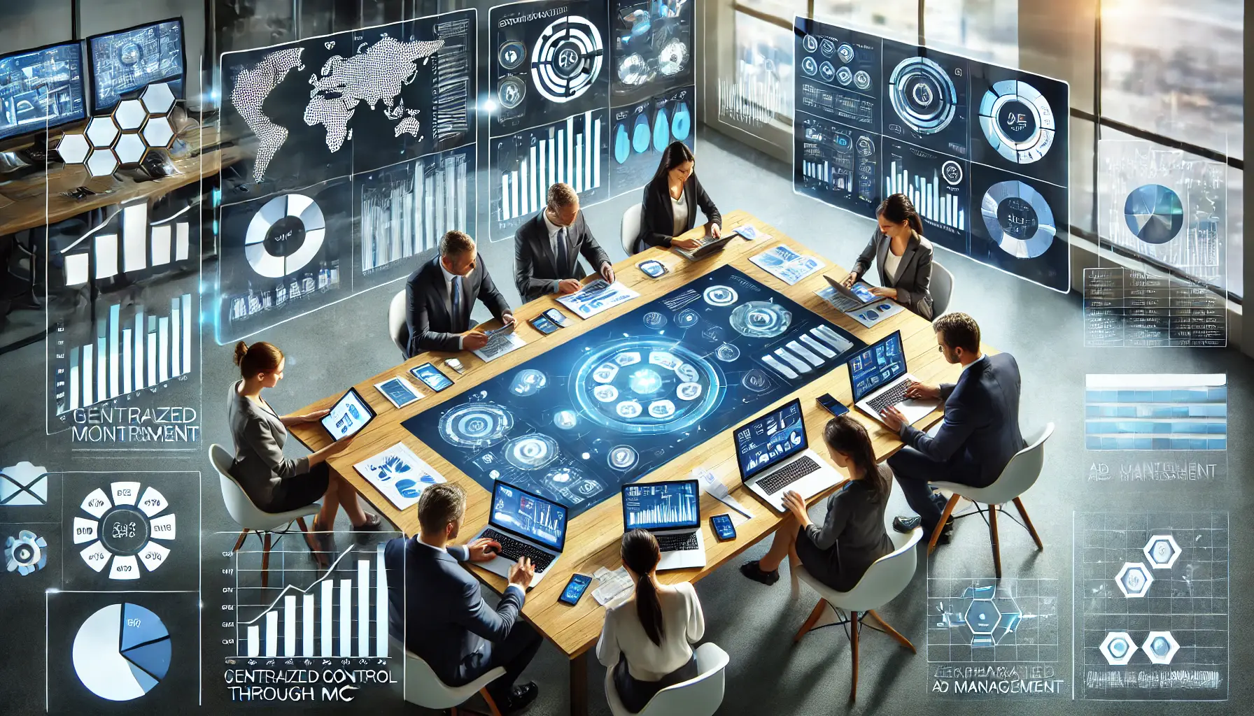 A collaborative workspace with multiple devices displaying synchronized analytics dashboards, highlighting centralized ad management.