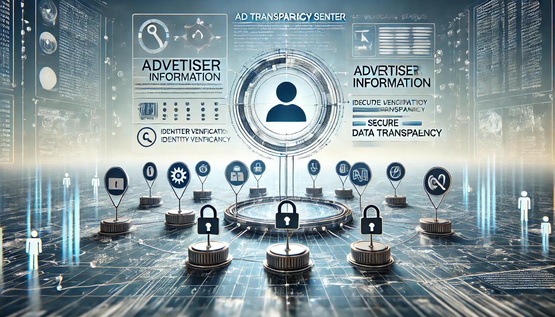 A conceptual visualization of advertiser information and verification status, with icons for security, identity verification, and data checks.