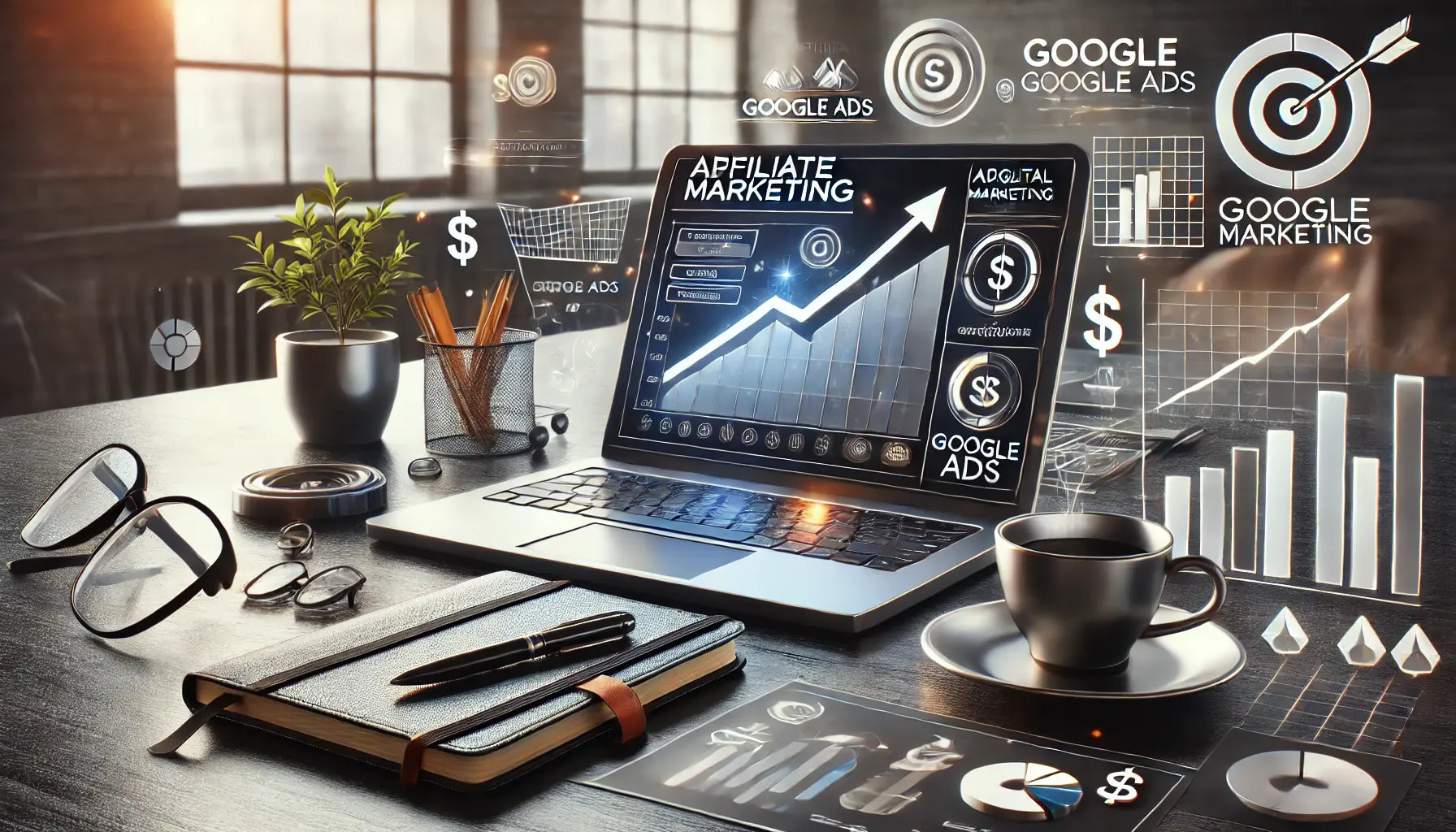 Modern workspace with a laptop displaying a digital marketing dashboard, surrounded by a notebook, coffee cup, and marketing-related icons like dollar signs and graphs.