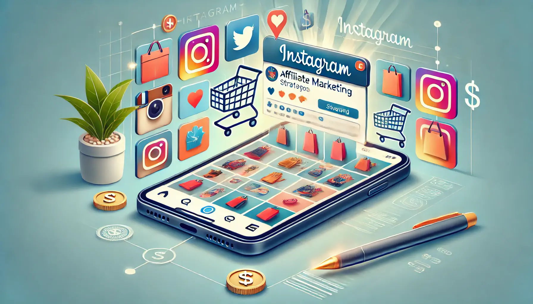 A smartphone displaying an Instagram feed with vibrant product posts, shopping cart icons, and dollar signs symbolizing revenue generation, set against a gradient background with social media icons.