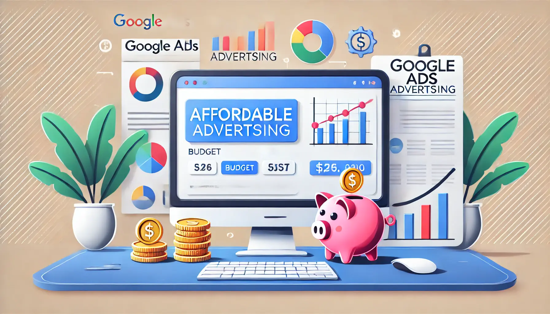 A desktop displaying a Google Ads dashboard with budget metrics, surrounded by icons such as a piggy bank, coins, and a financial graph in a modern workspace.