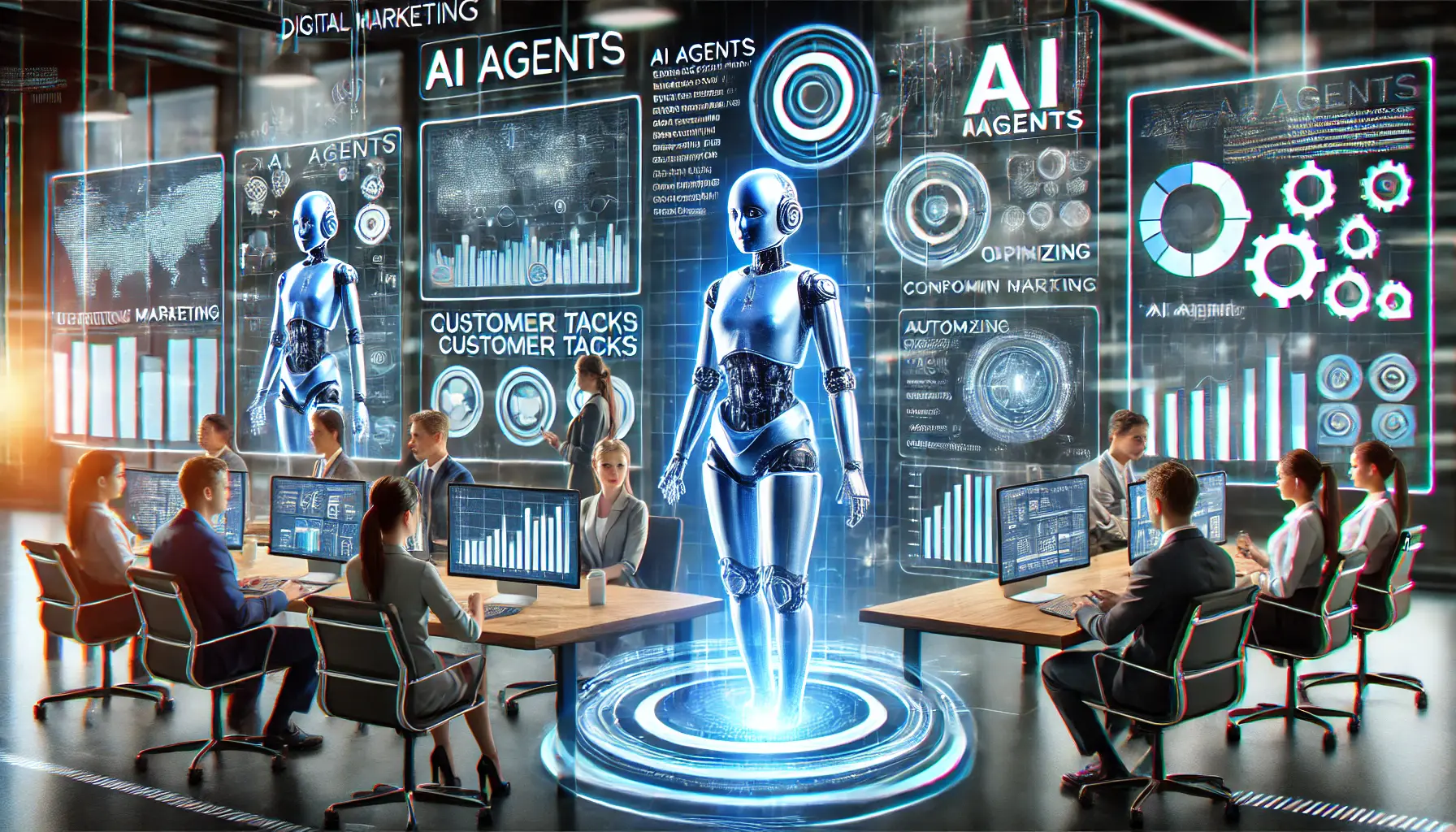 AI agents displayed on screens, working alongside professionals to optimize marketing campaigns through data analysis and automation.