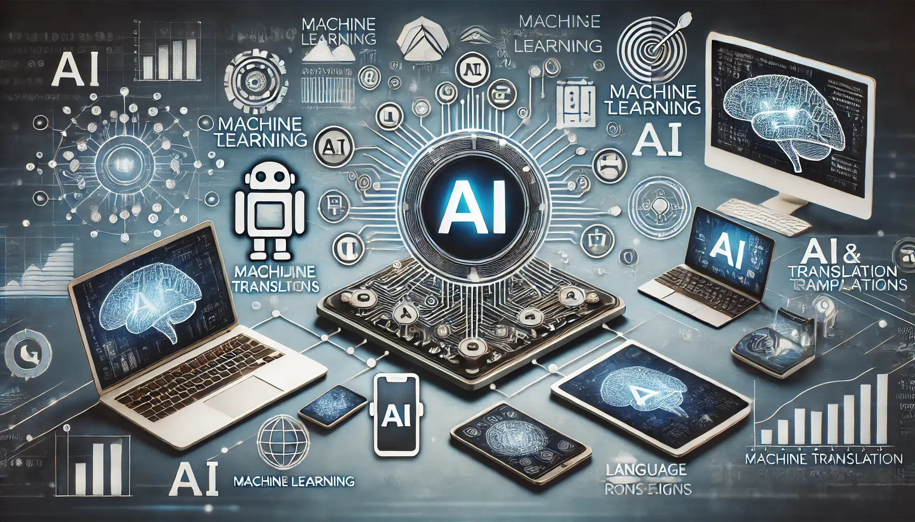 A network of interconnected devices displaying AI-powered translation tools, with symbols of machine learning and language processing.