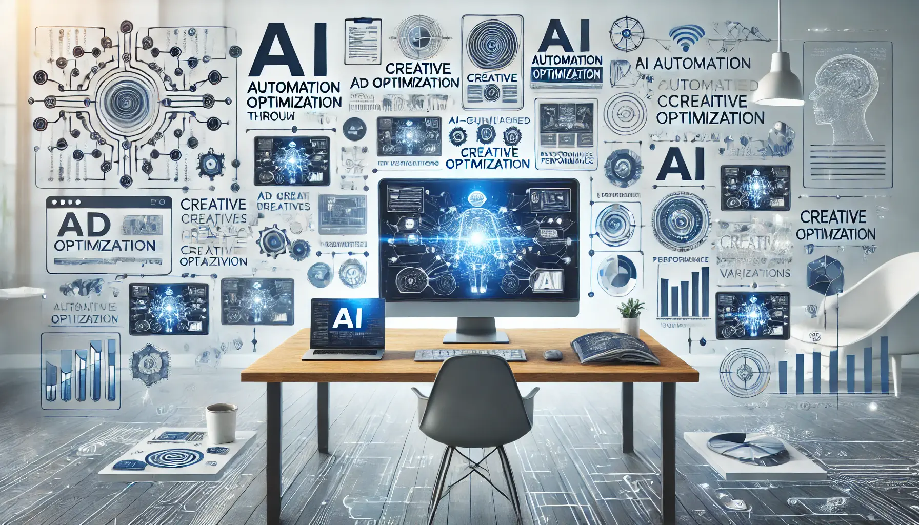 An image showing AI automation-powered creative optimization in digital advertising, with a digital workspace displaying AI-generated ad creatives, variations, and performance data.