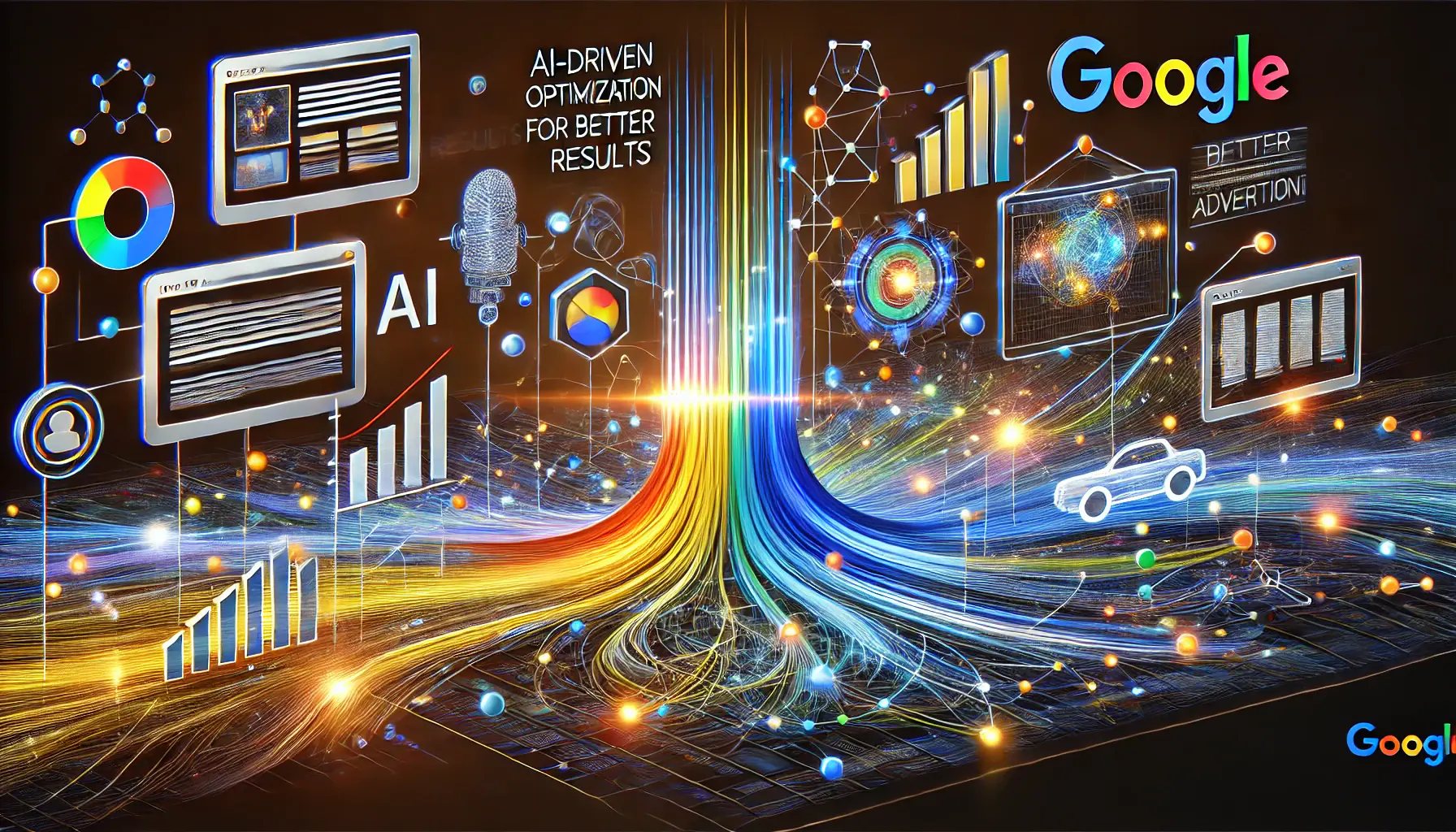 A visual representation of AI-driven optimization in digital advertising, showcasing abstract elements like neural networks, flowing data, and machine learning algorithms.