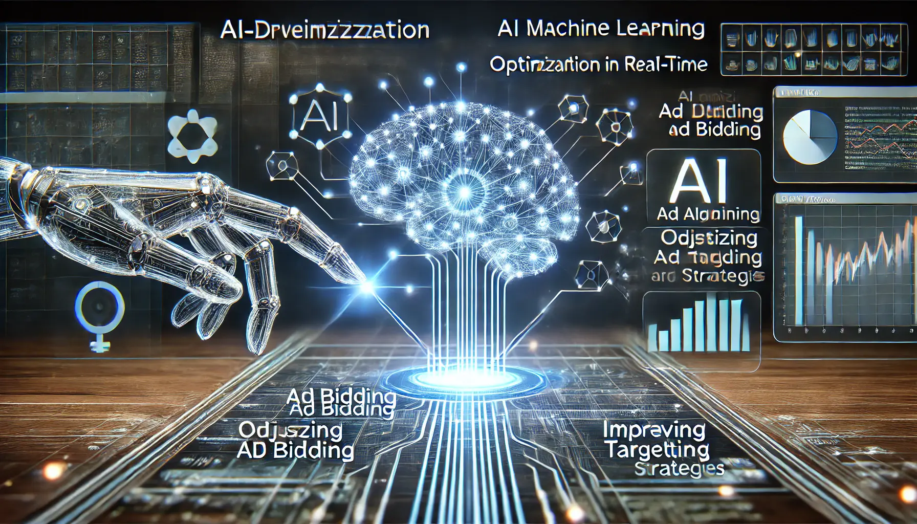 An image illustrating AI-driven optimization in digital advertising, with glowing neural networks and machine learning models analyzing and adjusting ad performance in real-time.