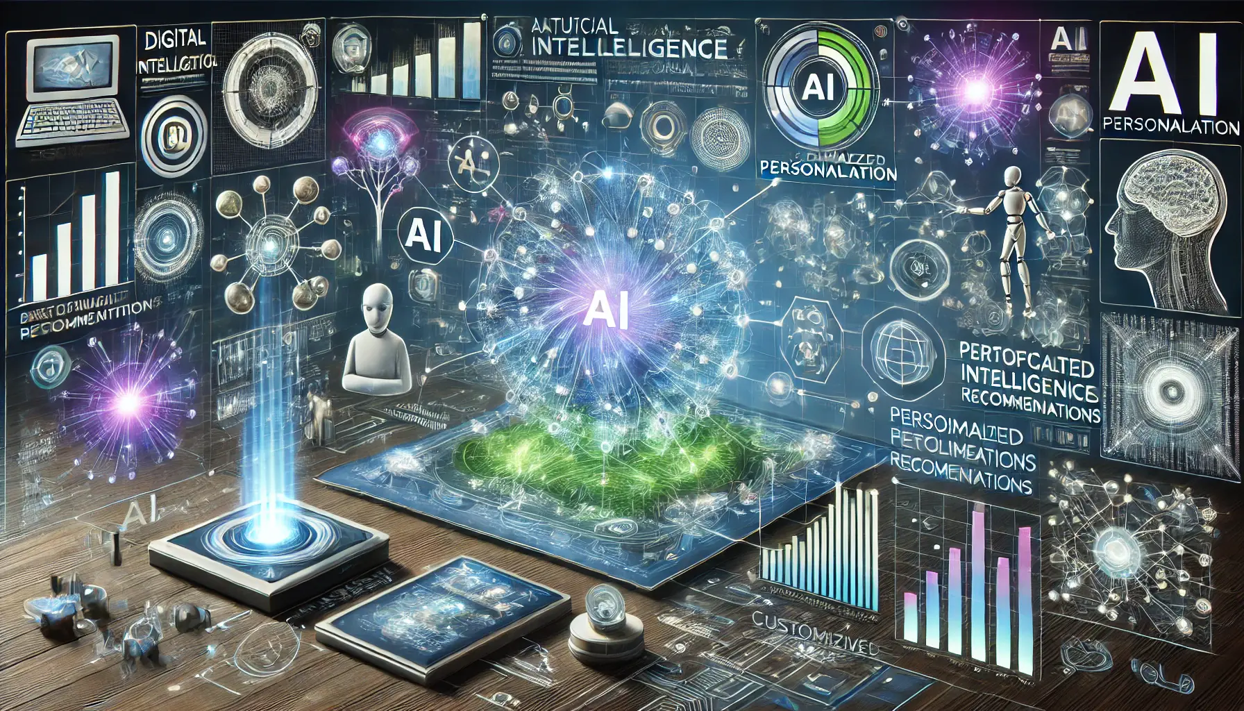 An image representing AI-driven personalization in digital marketing, featuring AI algorithms and real-time data adjustments.