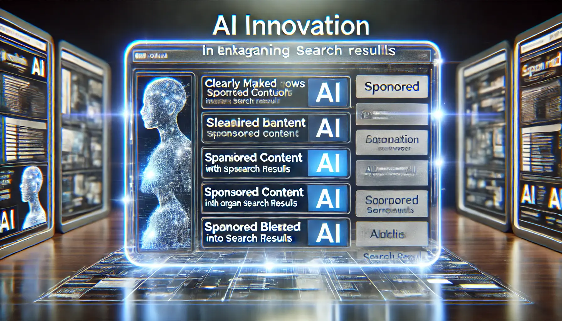 A futuristic interface displaying AI-generated overviews blending sponsored and organic search results seamlessly.