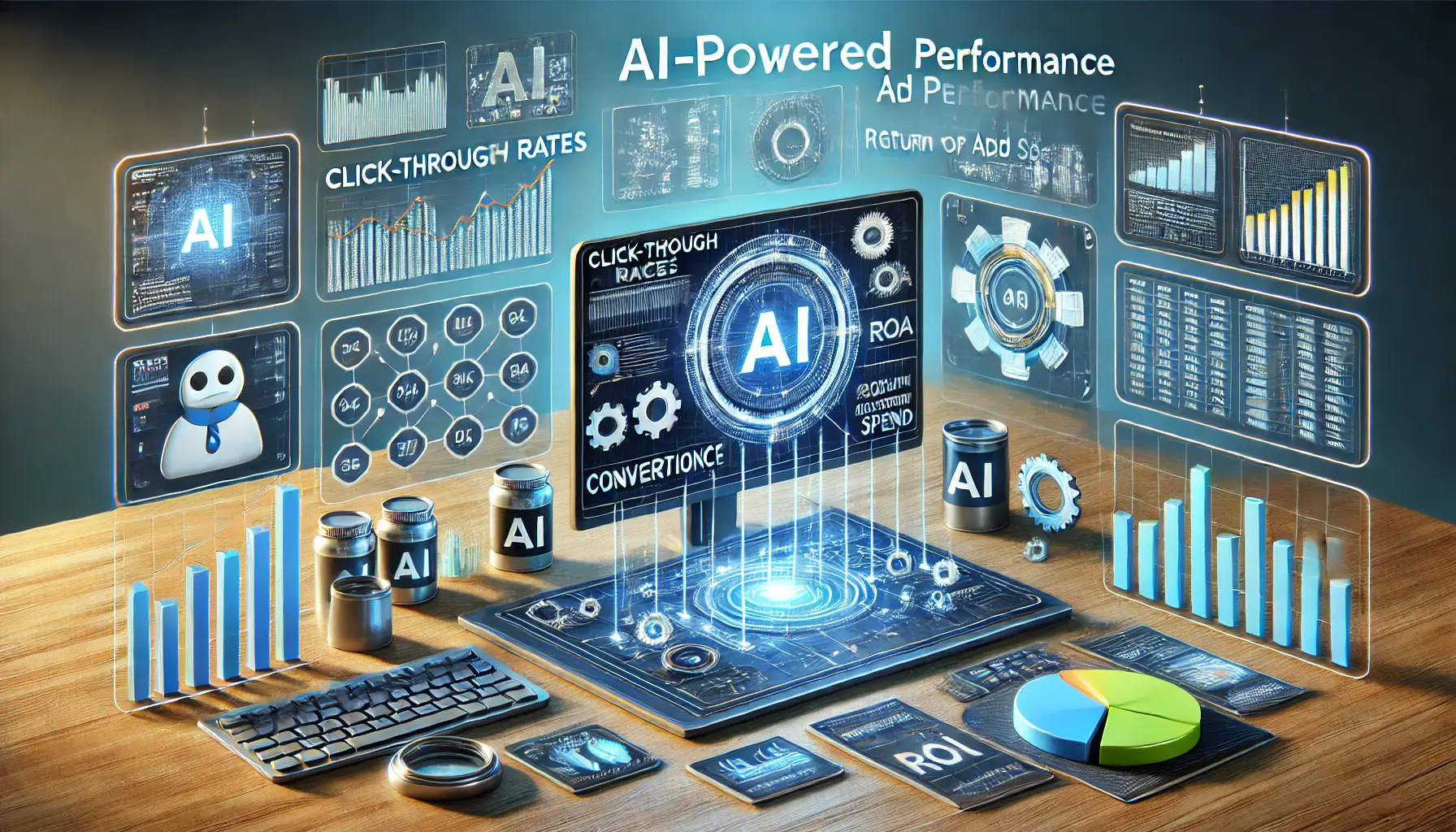 Digital dashboard displaying AI-powered ad performance metrics like click-through rates, conversion rates, and return on ad spend.