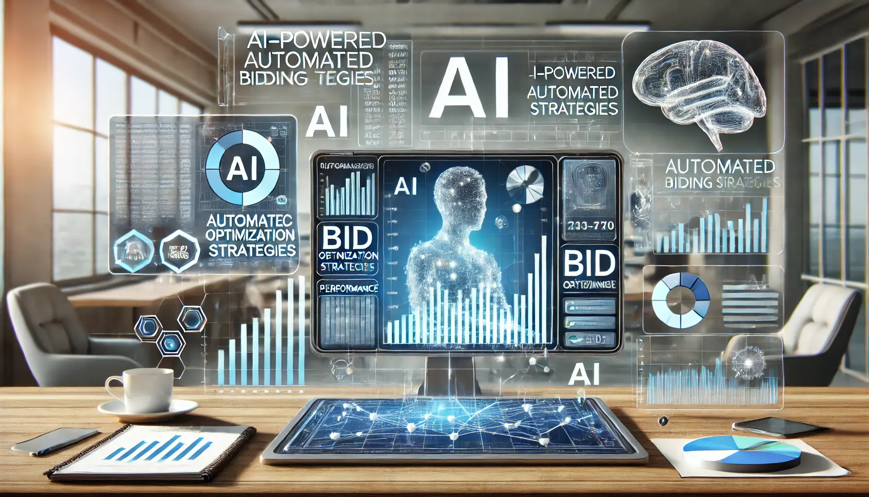 An image showing AI-powered automated bidding strategies in digital advertising, with a screen displaying bid optimization data and real-time adjustments.