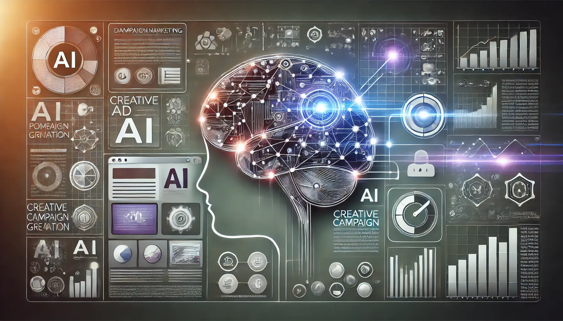 Illustration of AI-powered tools for campaign creation, featuring an AI brain, ad layouts, and dynamic user interface panels.