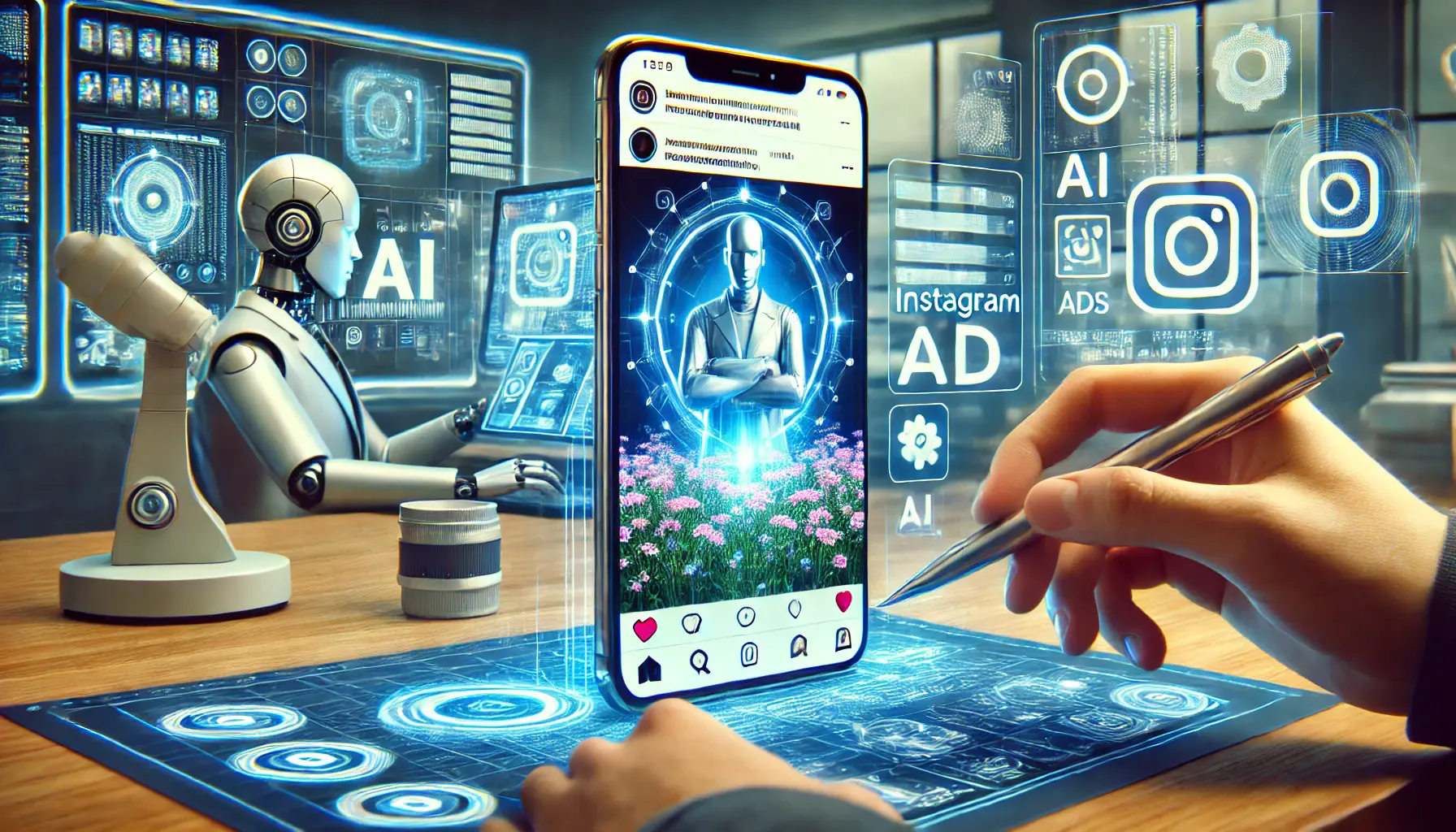 A digital marketing concept showcasing AI-powered content creation for Instagram ads, with personalized ad visuals being generated on a smartphone screen.