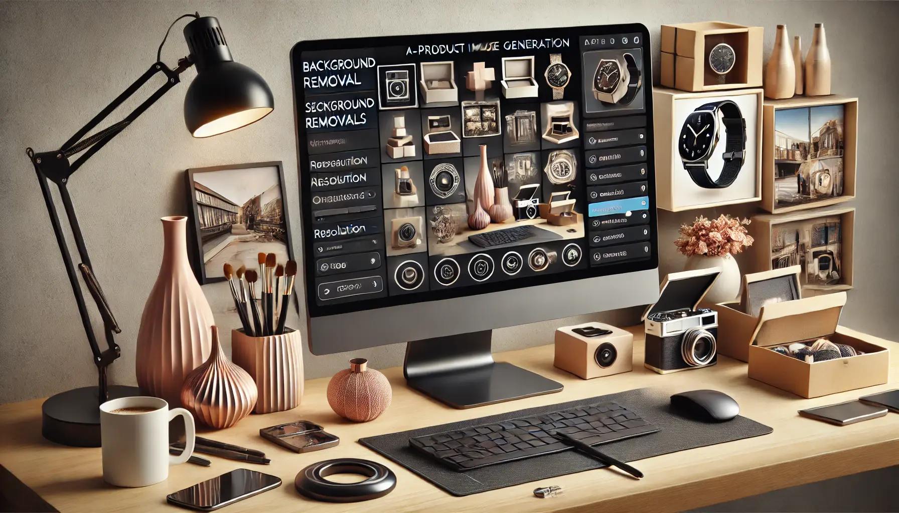 A modern computer screen showcasing AI-powered image generation with tools for background removal and seasonal overlays, surrounded by product items.