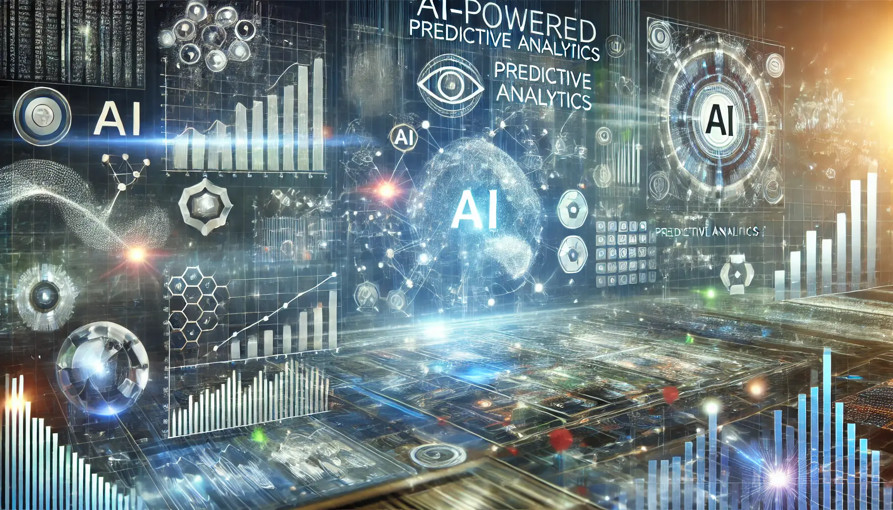 A visual representation of AI-driven predictive analytics, featuring glowing graphs, data patterns, and future trend predictions.