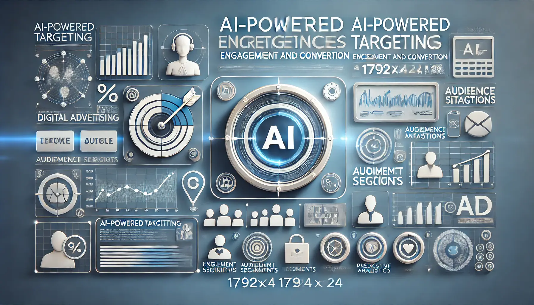 Illustration of AI-powered targeting in digital advertising with a dashboard showing engagement metrics, audience segments, and predictive analytics.