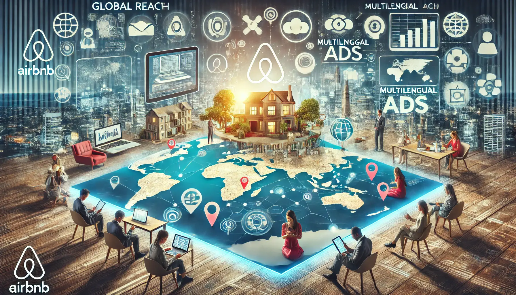 A world map with highlighted regions showing Airbnb properties in different countries, with diverse people interacting with the platform on various devices.