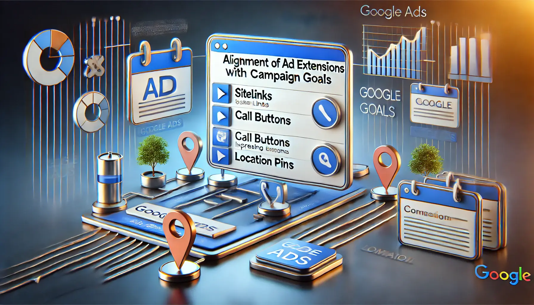 An image showing ad extensions in Google Ads strategically aligned with specific campaign goals such as traffic, calls, and local engagement.