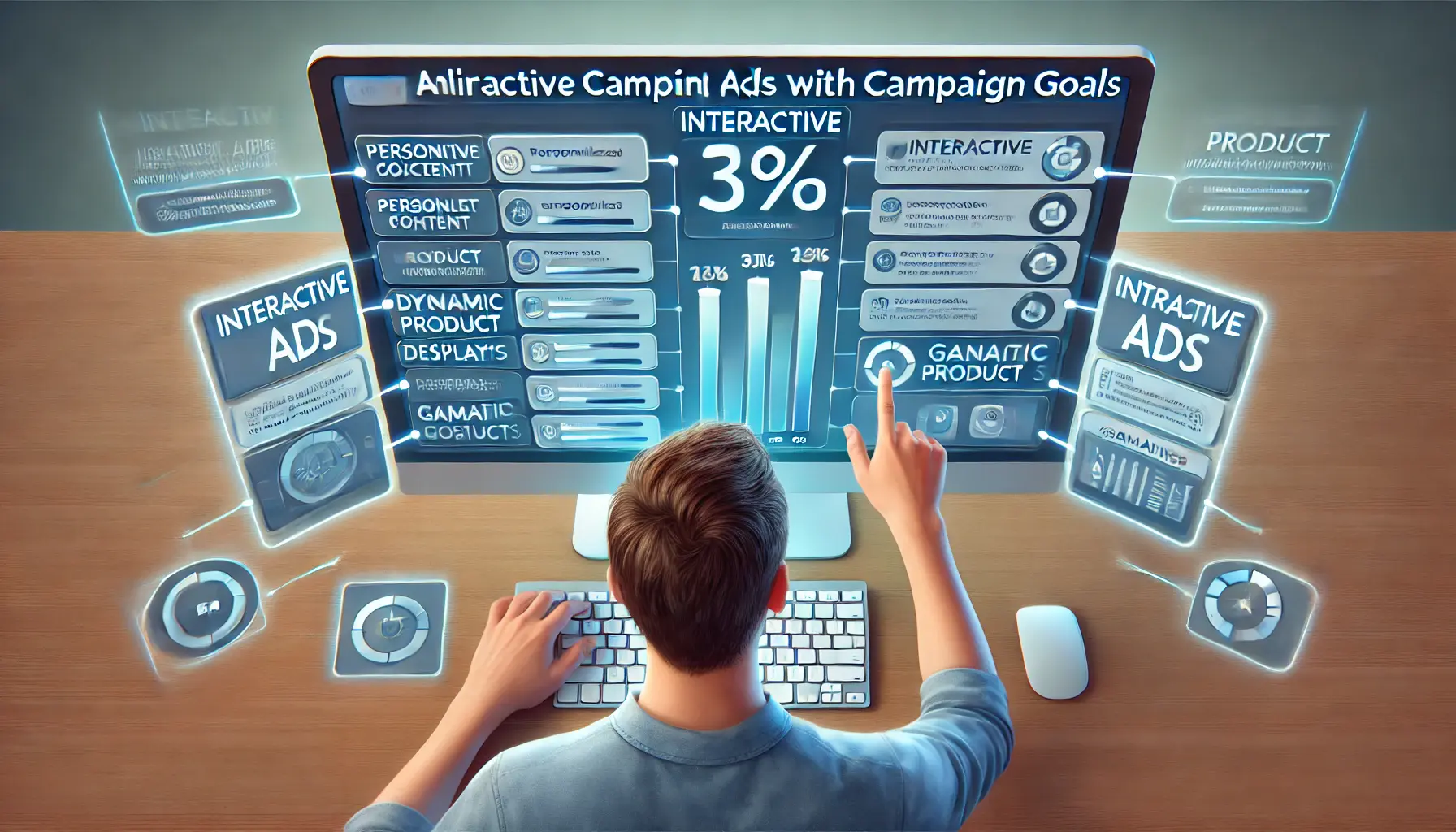 An illustration of a digital marketer analyzing campaign goals and adjusting interactive ad features like personalized content and dynamic displays on a computer screen.