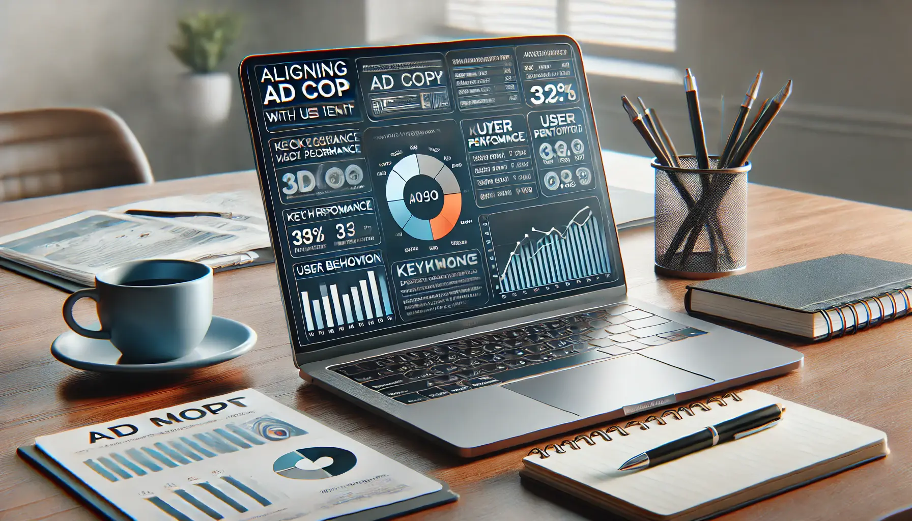 A digital marketing workspace with a laptop displaying ad copy analysis tools and user behavior metrics.