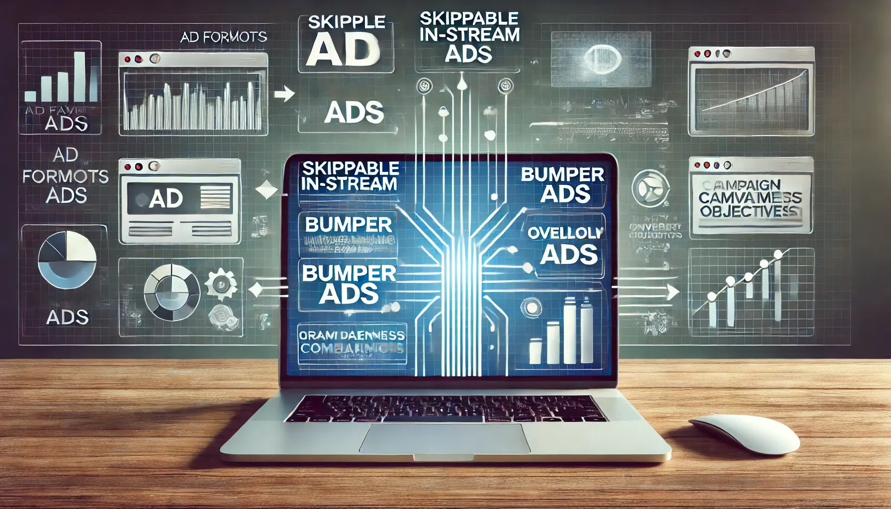 An illustration showing different ad formats aligned with campaign objectives such as brand awareness, engagement, and conversions.