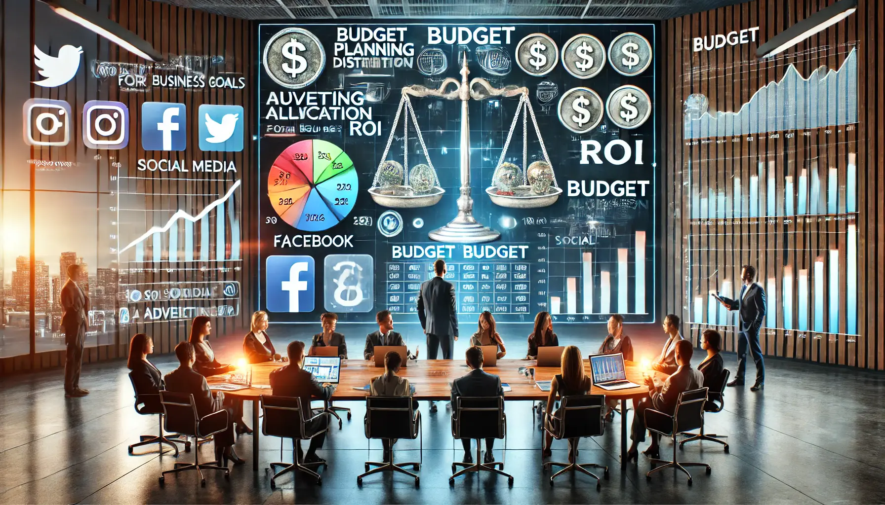 A digital illustration of a business workspace where a team of professionals is discussing advertising budget alignment. A large screen displays financial charts, budget planning tools, and ROI growth graphs, with floating social media icons representing ad channels.