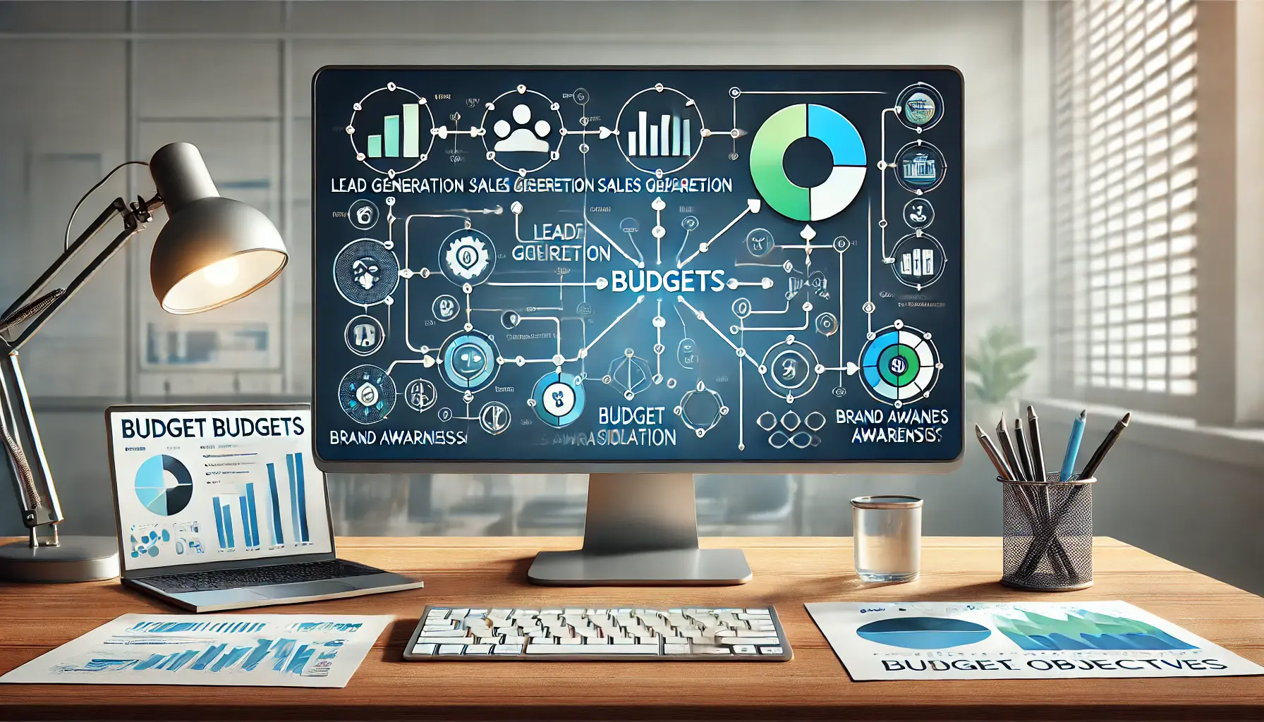 Digital workspace with flowchart connecting business goals like lead generation, sales growth, and brand awareness to budget allocation.