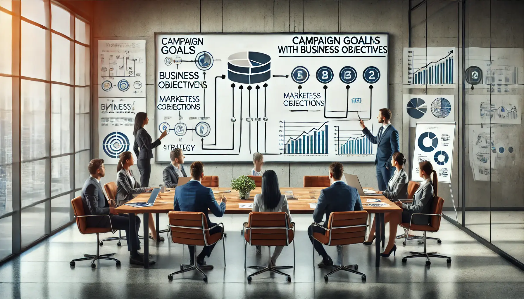 A team of professionals discussing campaign goals and business objectives over a whiteboard filled with charts and timelines.