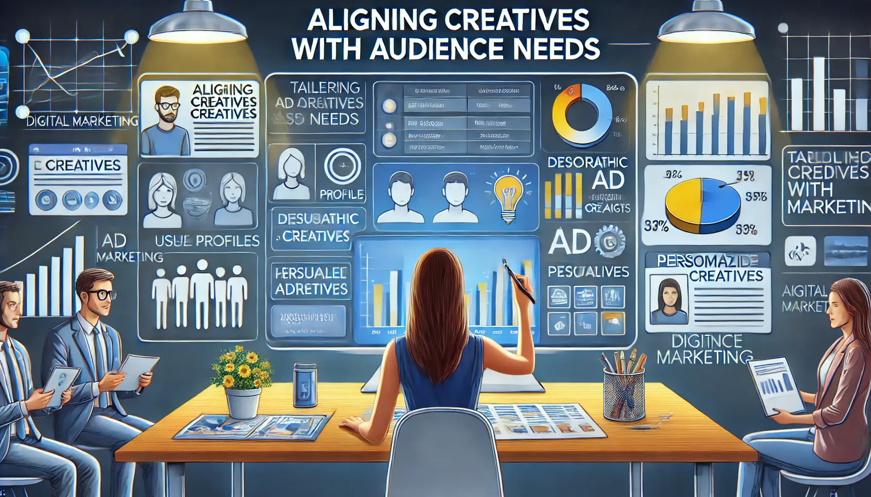 An illustration of a marketer aligning ad creatives with audience preferences, using data and personalized designs.