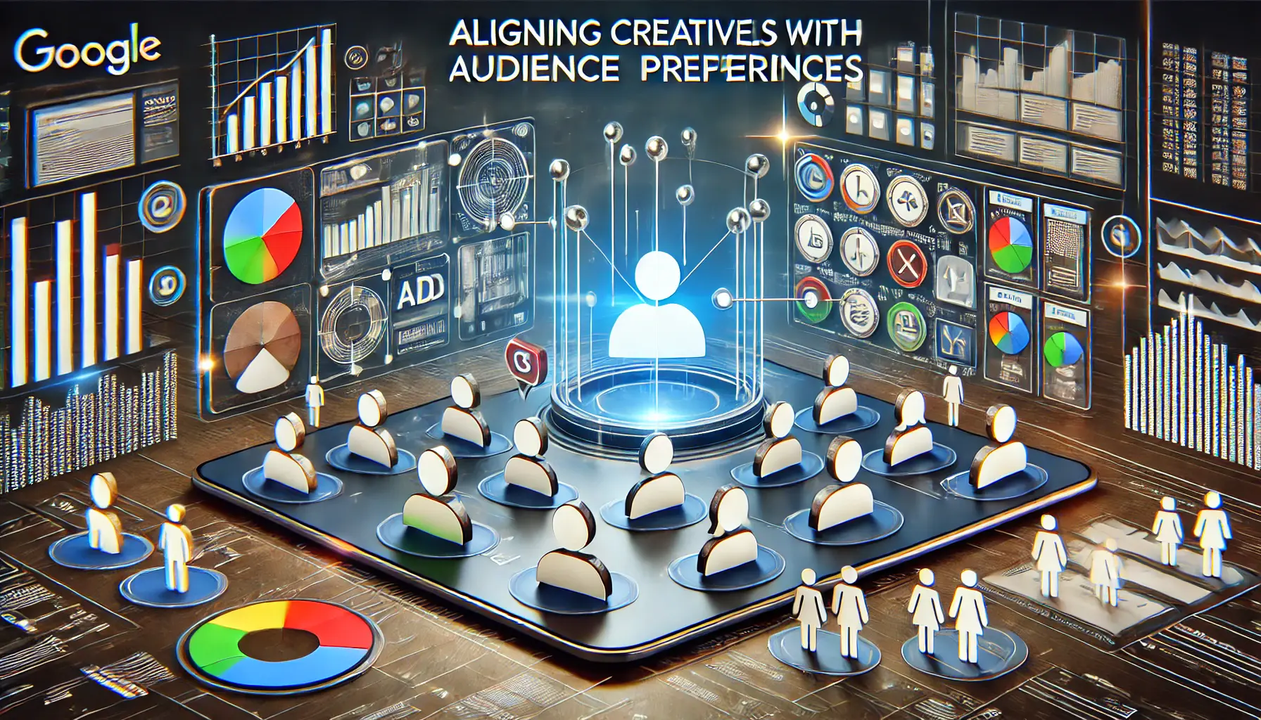 Digital workspace showing ad creatives tailored to different audience segments with icons for demographics.