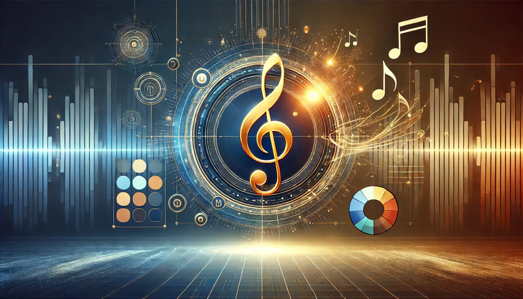 Artistic image of a glowing treble clef surrounded by brand elements and sound waves, symbolizing the connection between music and brand identity.