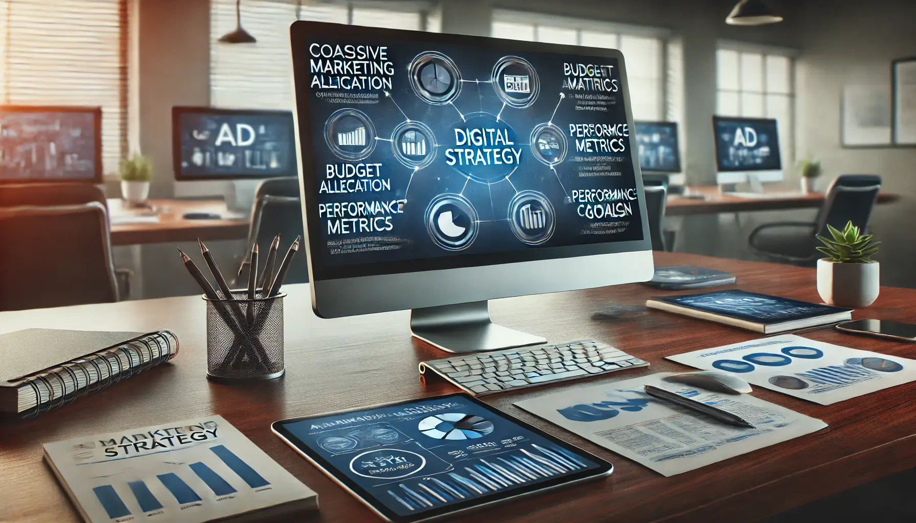 A digital marketing workspace with a monitor displaying a cohesive strategy diagram, analytics tools, and a notebook for planning.