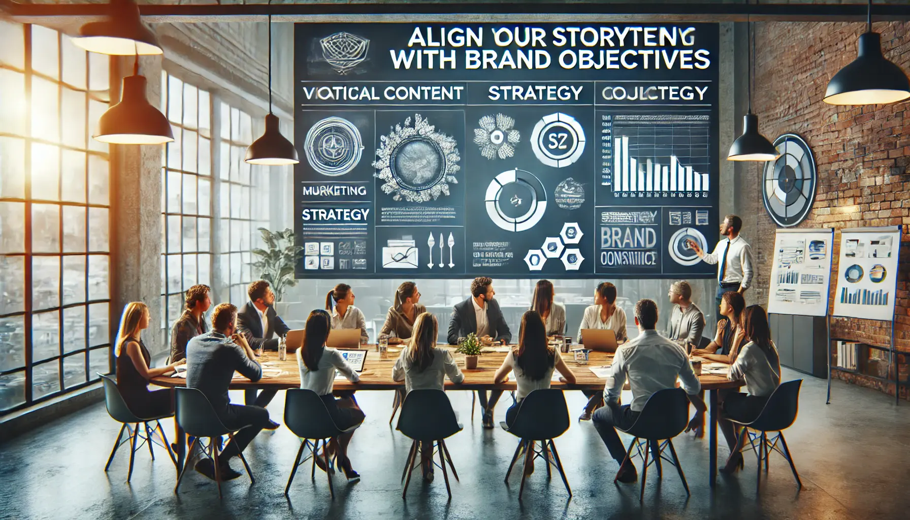 A group of marketing professionals gathered around a table, discussing how to align a brand’s narrative with its core goals, with digital screens and strategy documents in the background.