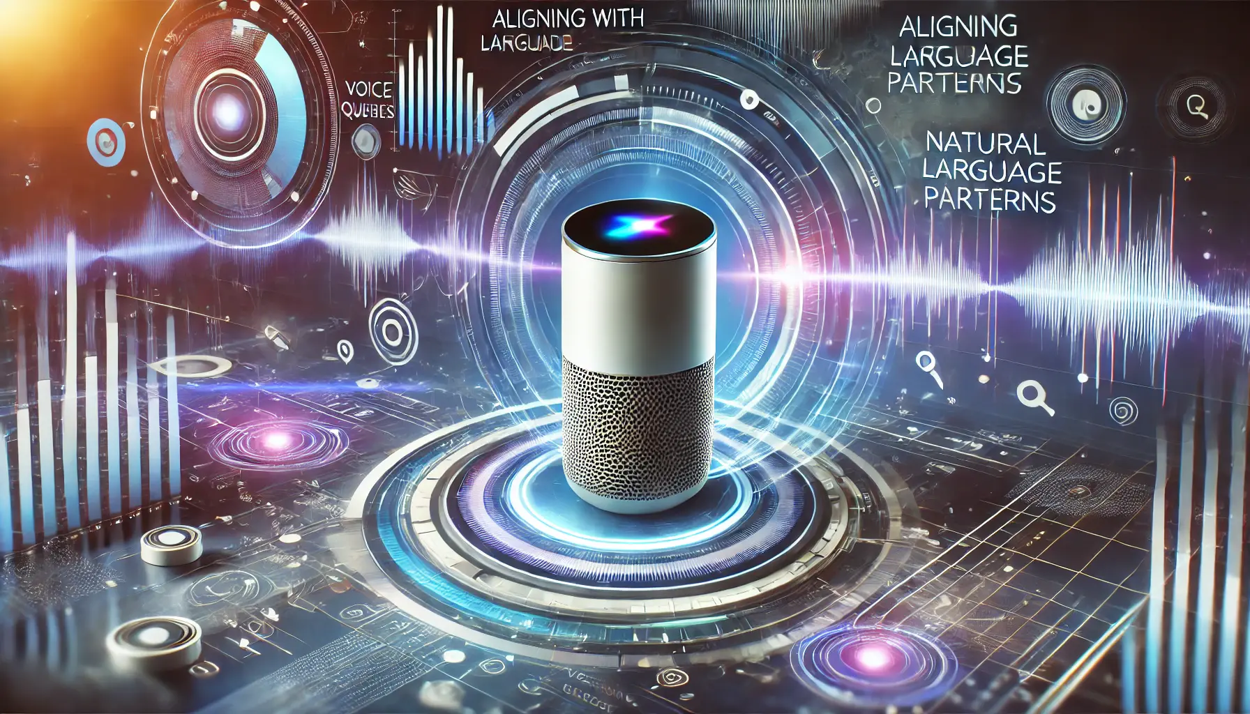 A digital marketing image depicting a voice assistant with sound waves and a dynamic interface adjusting to natural language patterns.