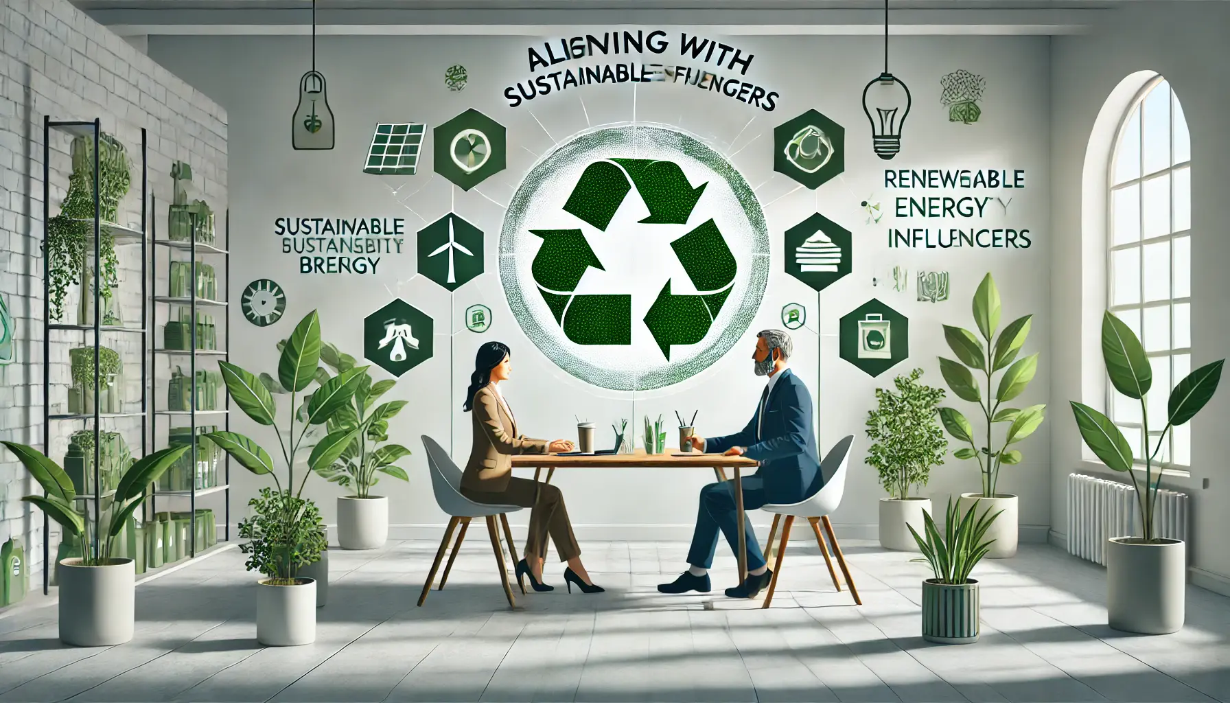 A collaborative meeting between an individual representing a sustainable brand and an eco-conscious influencer, surrounded by elements of sustainability like green plants and eco-friendly products.