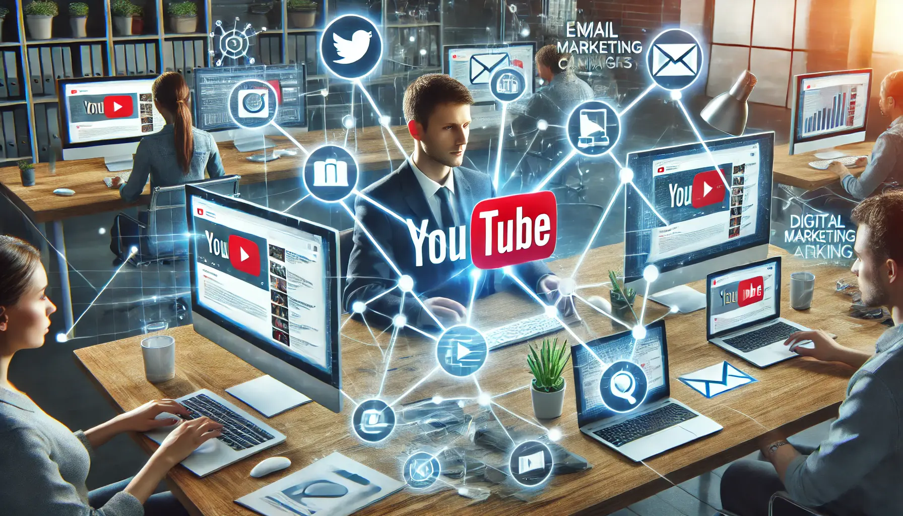 A digital marketing professional in an office aligning YouTube ads with other marketing platforms like social media, email campaigns, and a website on multiple devices.