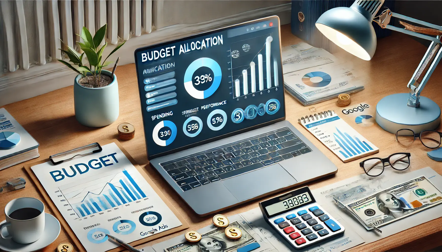 A workspace featuring a laptop displaying Google Ads budget tools, charts showing spending metrics, a calculator, and a notepad with budget plans.