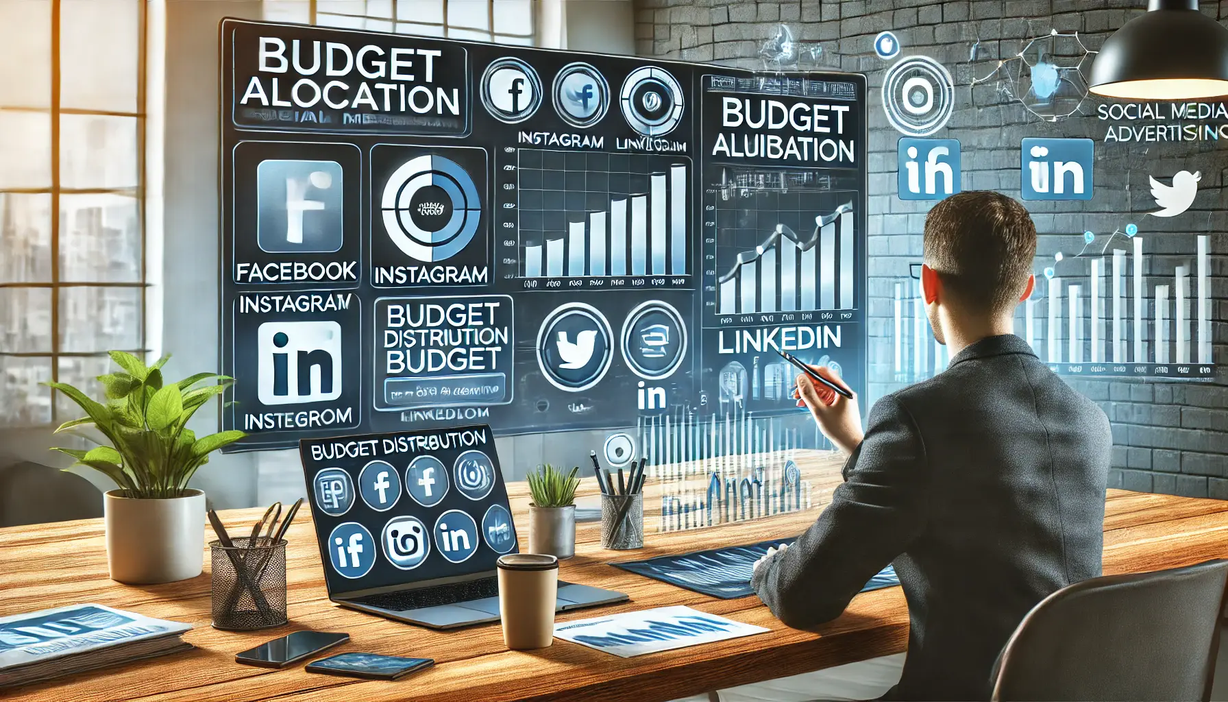 A digital illustration of a marketing workspace with a digital screen displaying budget allocation charts for Facebook, Instagram, LinkedIn, and Twitter. A marketing professional is analyzing data and adjusting budget distribution on a laptop, with floating graphical elements representing platform-specific performance metrics.