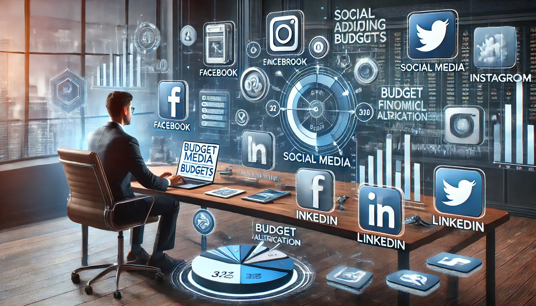 A digital illustration of a business workspace featuring a digital dashboard displaying budget distribution charts for Facebook, Instagram, LinkedIn, and Twitter. A marketing professional is analyzing performance metrics on a laptop with floating graphical elements such as pie charts, bar graphs, and budget sliders.