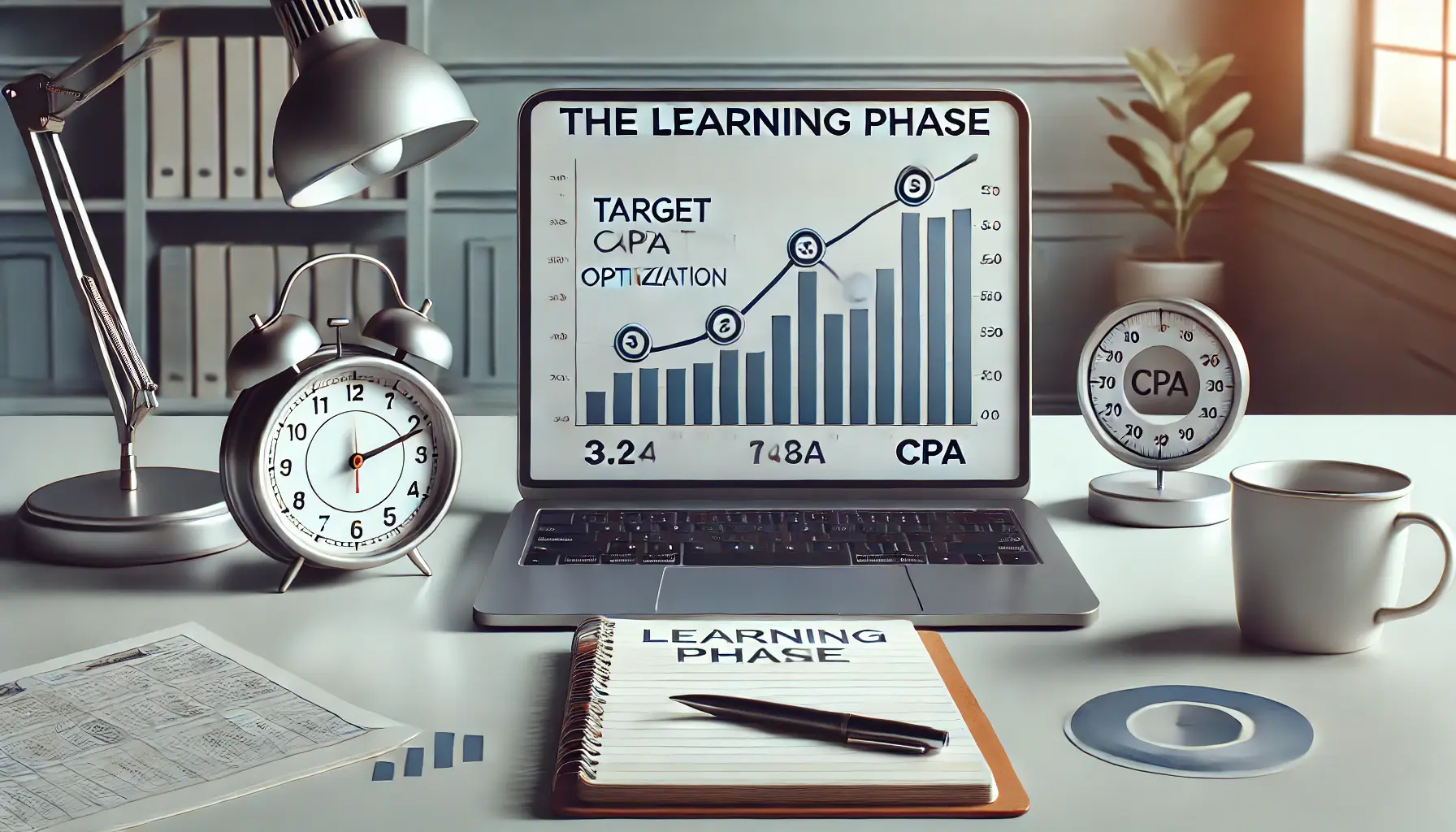 A professional workspace showing a laptop with a fluctuating performance graph, a clock representing time, and a notepad, symbolizing the learning phase of Target CPA optimization.