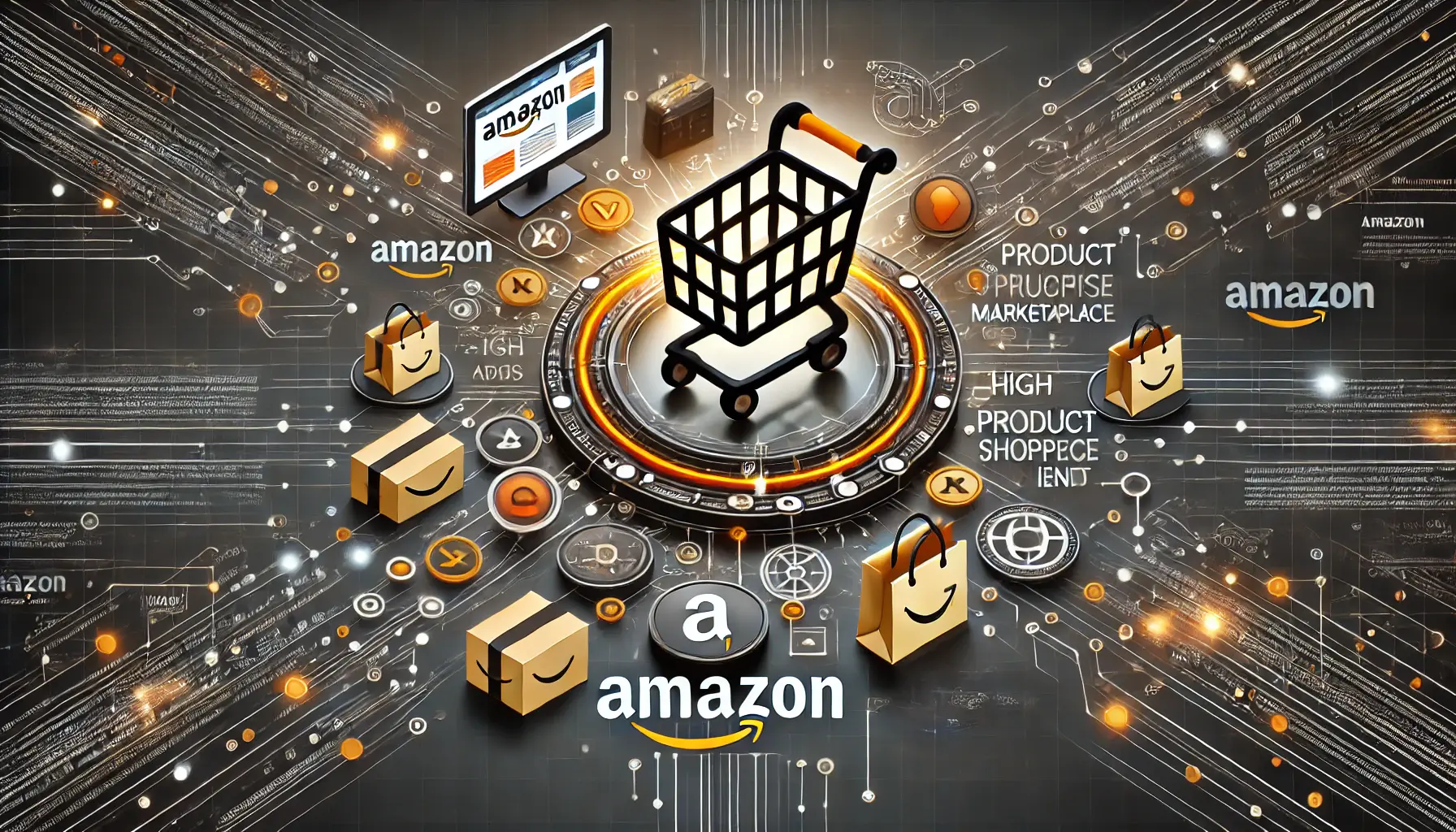 An abstract illustration showcasing Amazon Advertising with a digital shopping cart, product ads, and marketplace interface, surrounded by data pathways in orange and black tones.