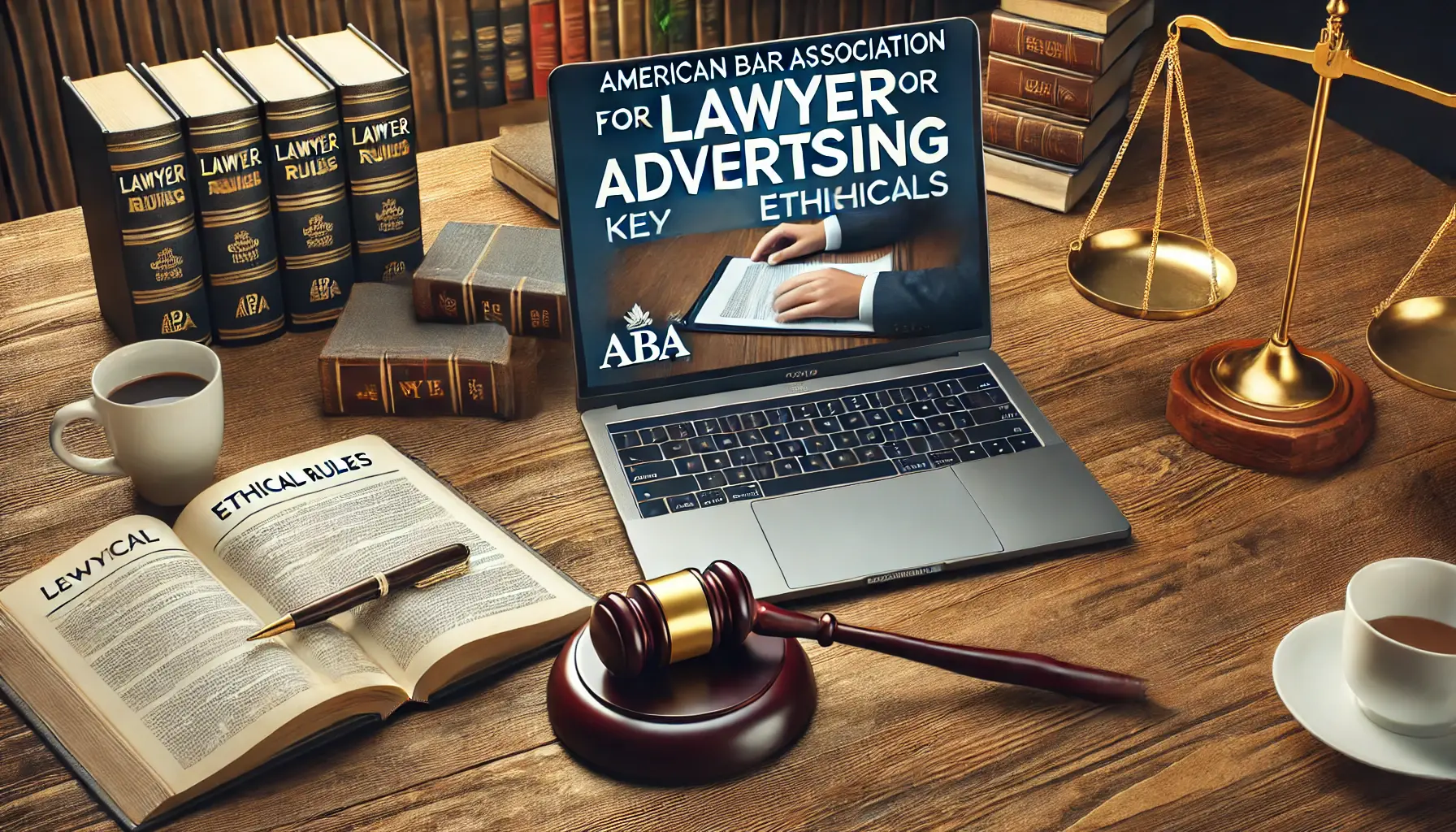 A professional office desk with a laptop displaying ABA guidelines for lawyer advertising, surrounded by a gavel, legal books, and a coffee cup.