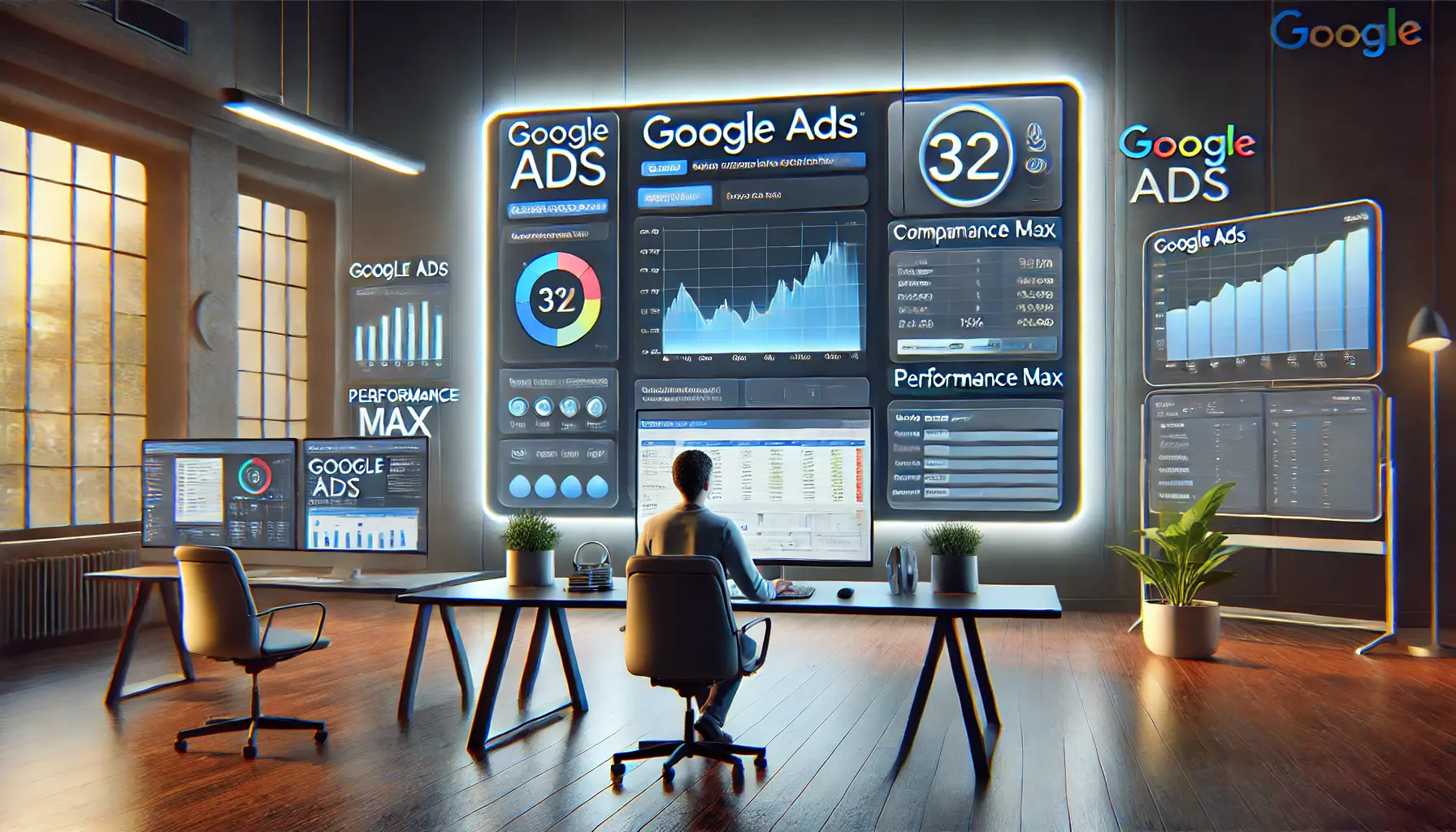 A digital workspace with a large screen displaying the Google Ads interface, featuring campaign dashboards and keyword analytics, surrounded by smaller monitors with additional tools.