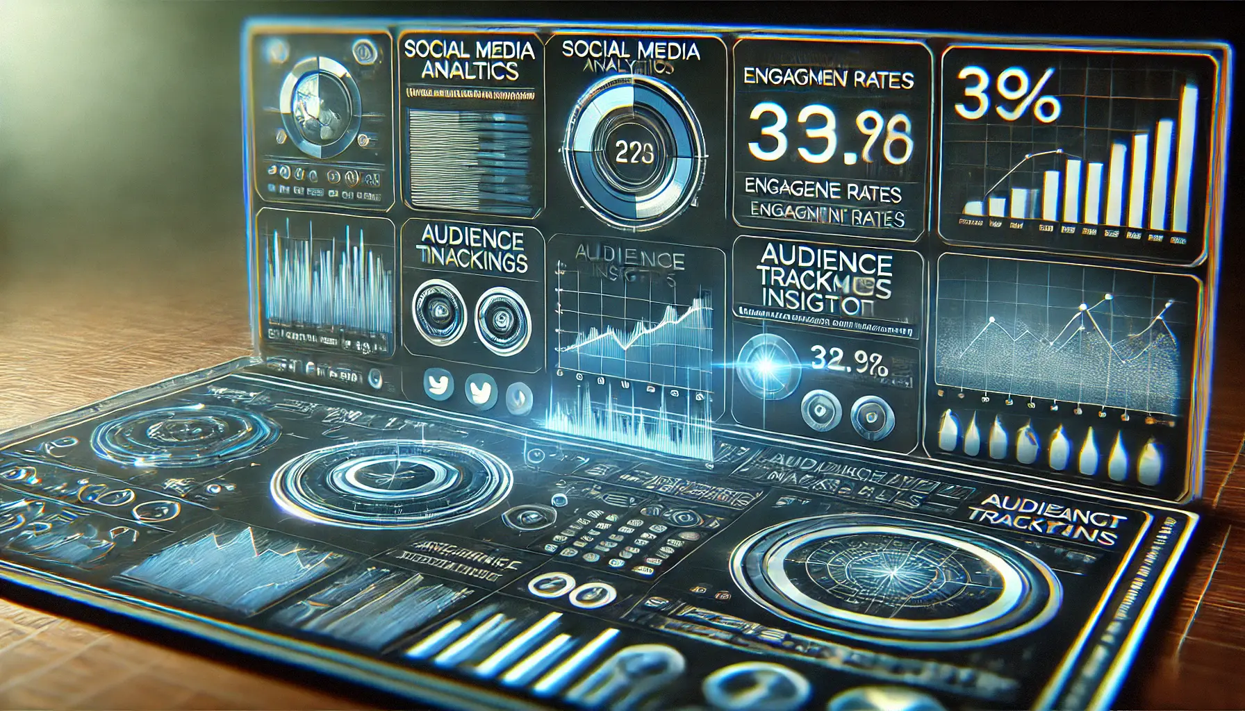 A futuristic digital dashboard displaying social media analytics and performance metrics with graphs, engagement rates, and audience insights.