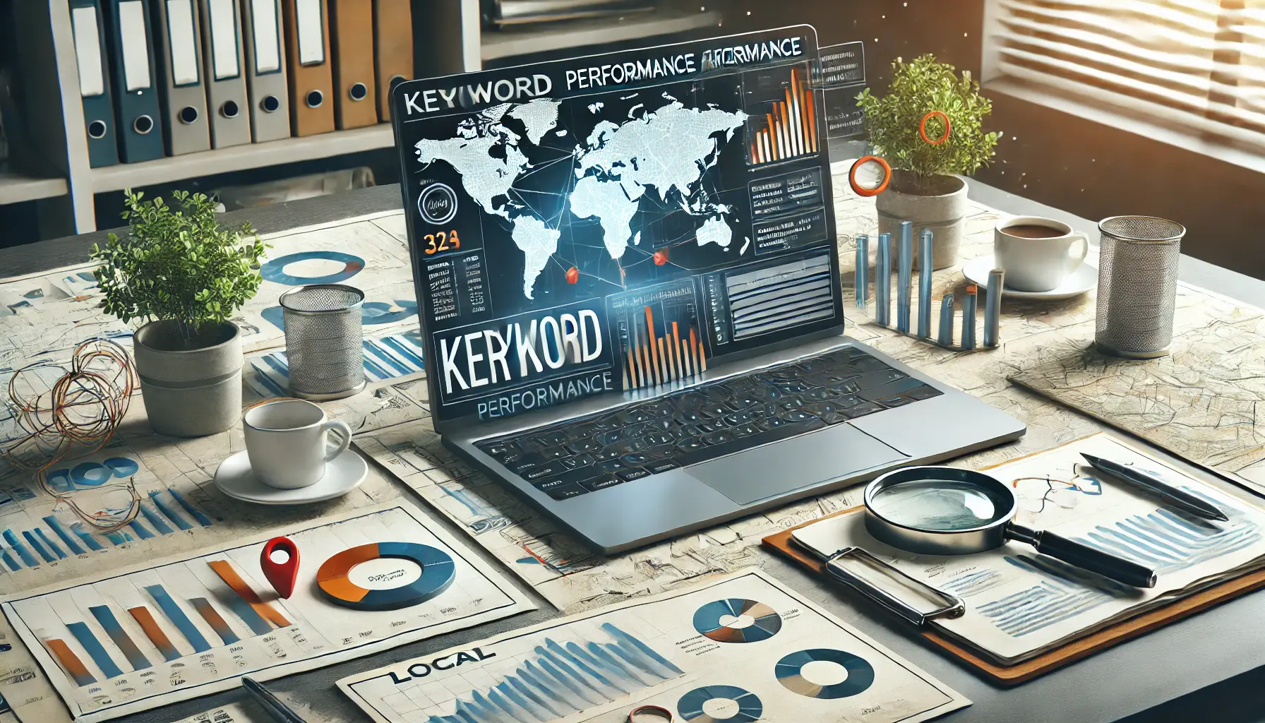 A digital workspace showing a laptop with a keyword analysis dashboard, surrounded by graphs, charts, and a small map, symbolizing regional keyword performance analysis.