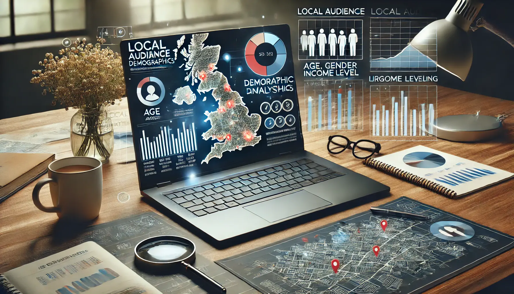 A workspace with a laptop displaying demographic analysis charts, along with a map showing targeted regions for the ad campaign.