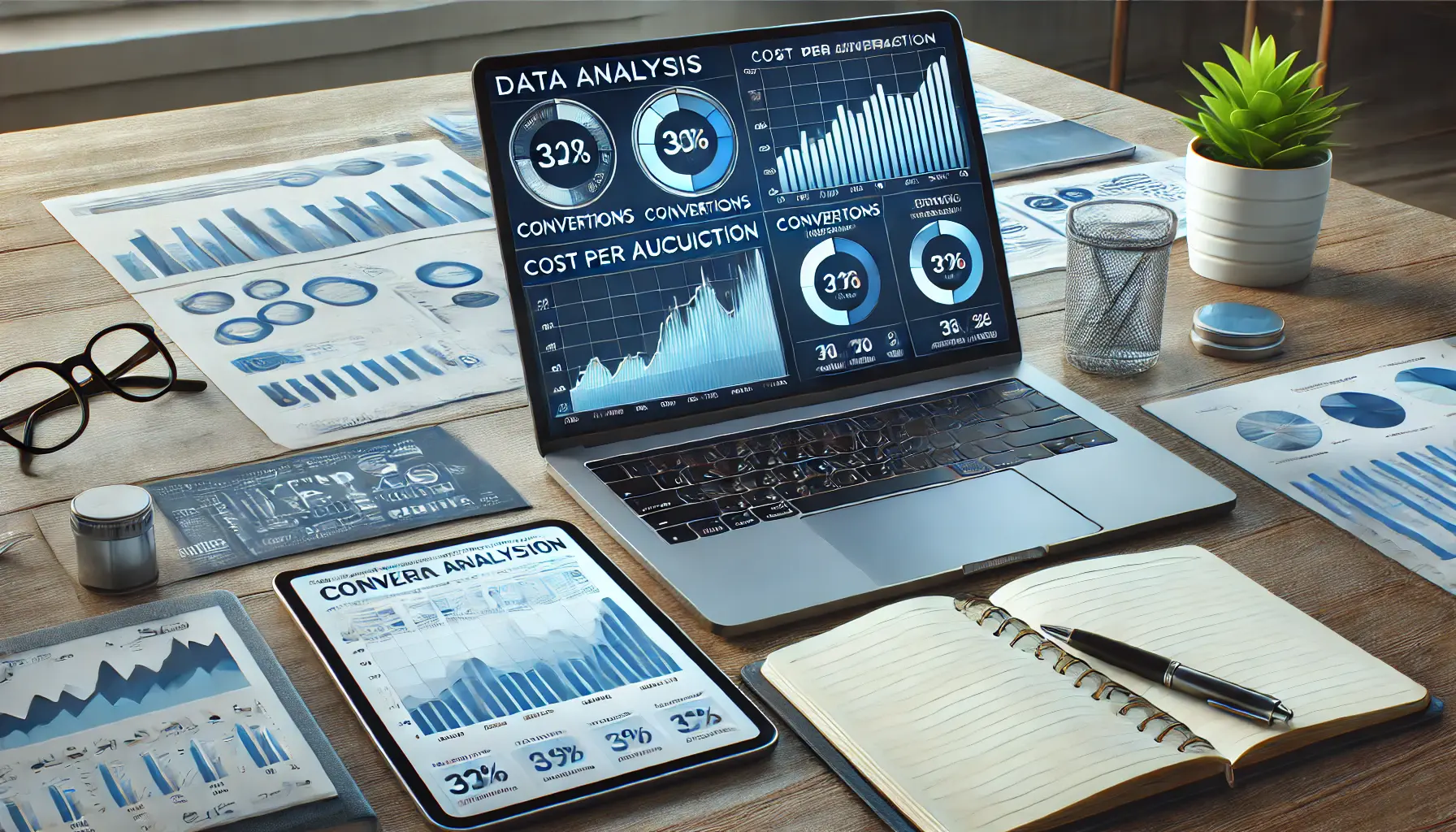 A professional workspace showing a laptop with a data analysis dashboard and historical conversion data, surrounded by a tablet, notebook, and pen.