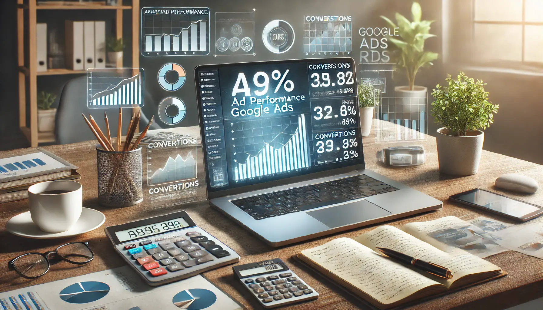 An image showing a laptop with an analytics dashboard displaying ad performance metrics, surrounded by tools like a tablet and notebook in a therapy office setting.