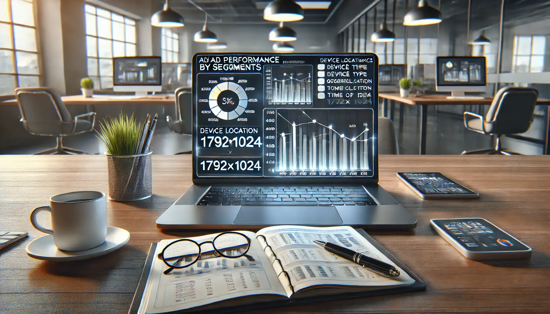 A digital marketer analyzing ad performance data segmented by device type, location, and time of day on a laptop screen, with a notebook, pen, and coffee cup on the desk in a modern office setting.